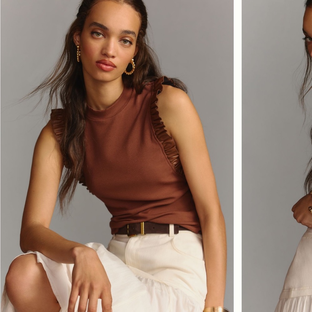 Sunday in Brooklyn Ruffled Tank - Brown - Medium